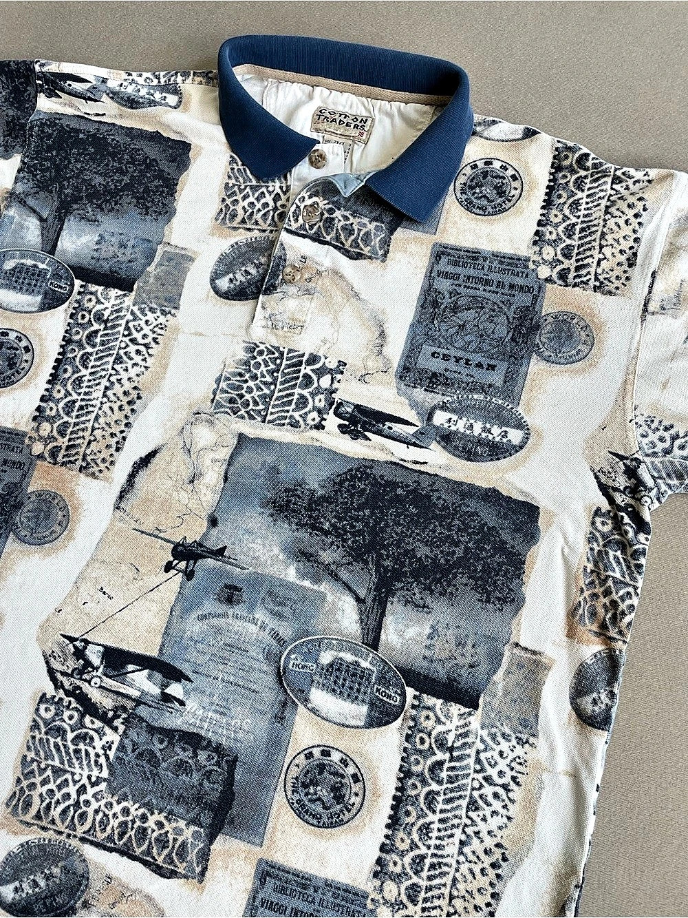 Cotton Traders Men's Printed Polo in Blue & Cream Size XXL